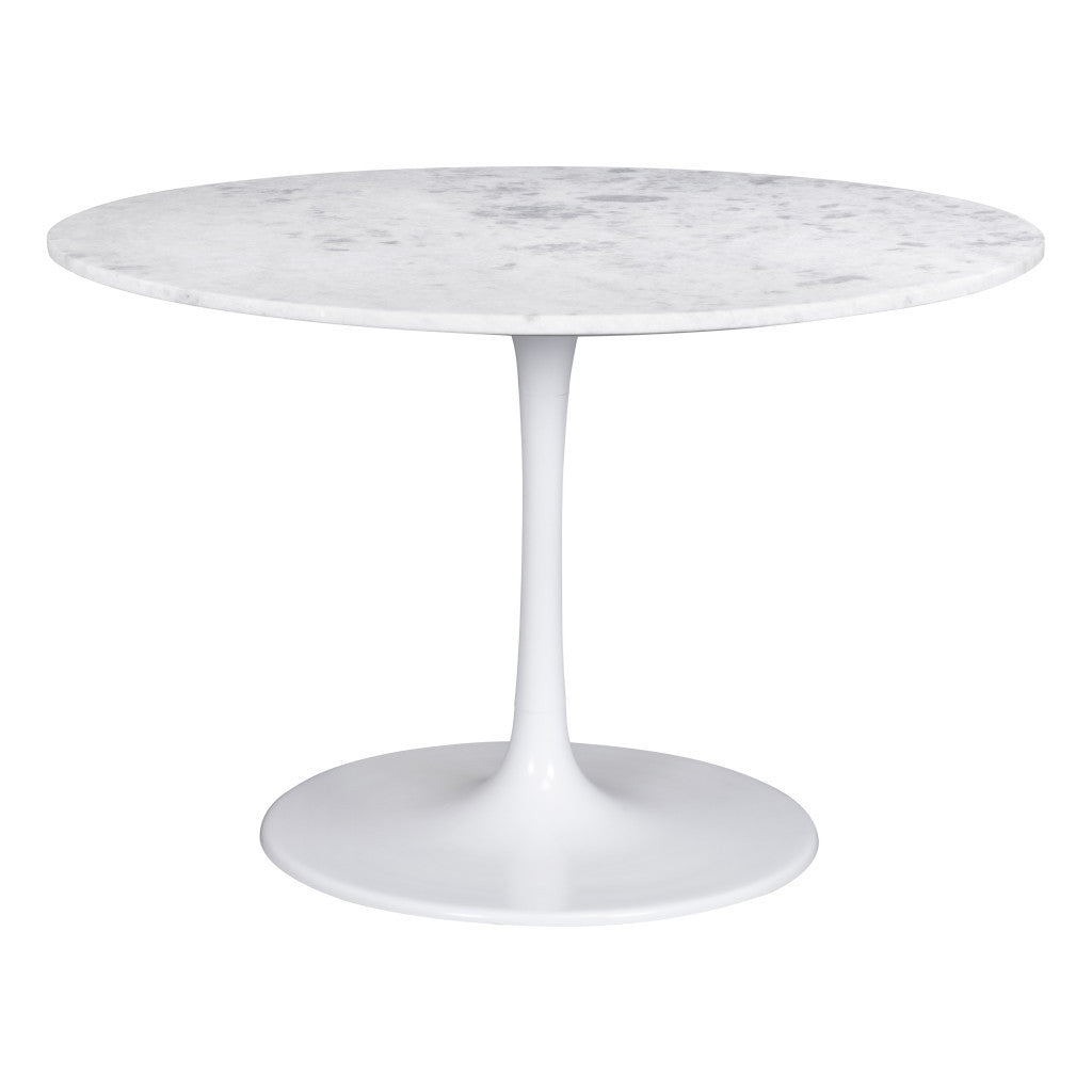 47" White Rounded Marble And Steel Pedestal Base Dining Table