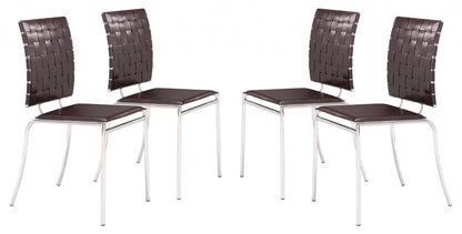 Set of Four Espresso And Silver Upholstered Faux Leather Open Back Dining Side Chairs