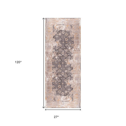10' Gray And Ivory Oriental Runner Rug