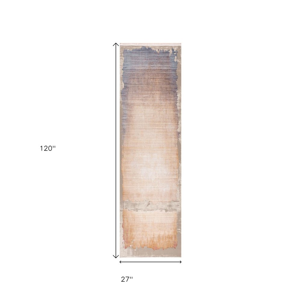 10' Beige And Blue Abstract Runner Rug
