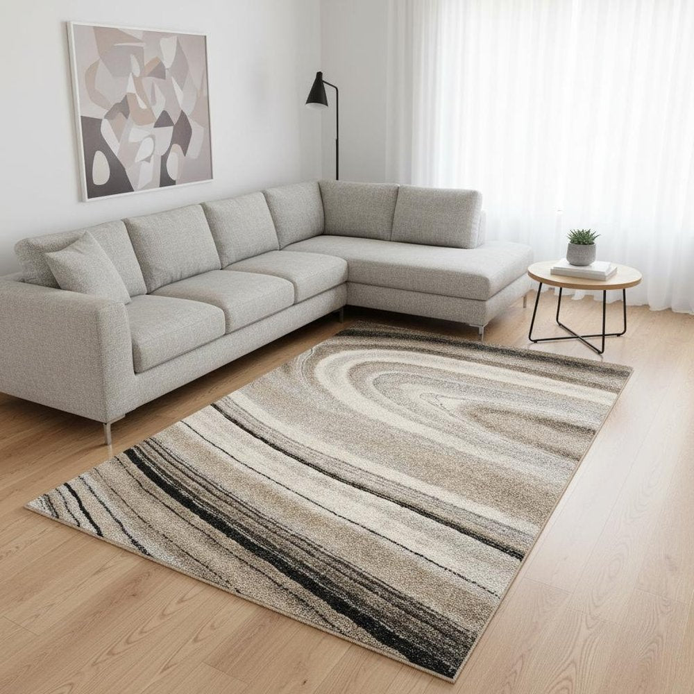 7' X 10' Cream and Tan Abstract Marble Area Rug