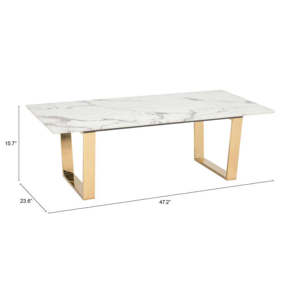 47" White And Gold Faux Marble And Steel Coffee Table