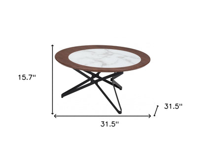 Set of Two 32" Brown White And Black Manufactured Wood Glass And Steel Round Bunching Coffee Tables