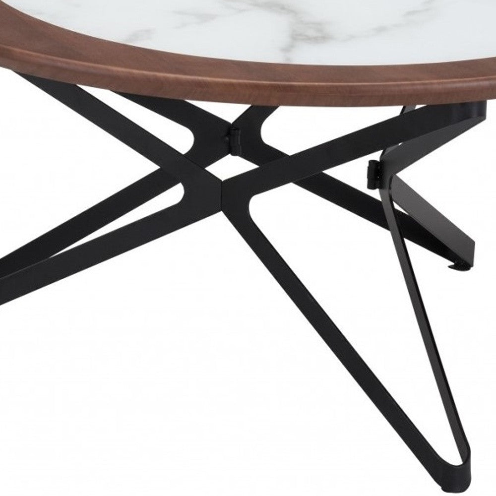 Set of Two 32" Brown White And Black Manufactured Wood Glass And Steel Round Bunching Coffee Tables