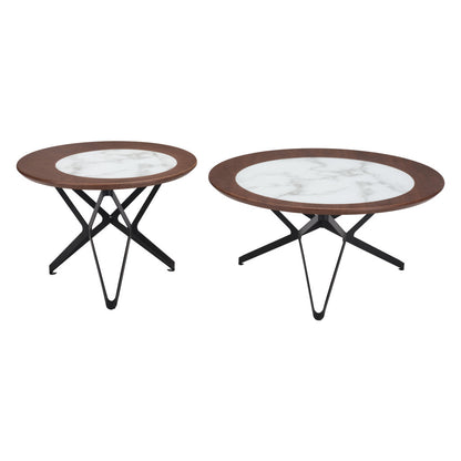 Set of Two 32" Brown White And Black Manufactured Wood Glass And Steel Round Bunching Coffee Tables