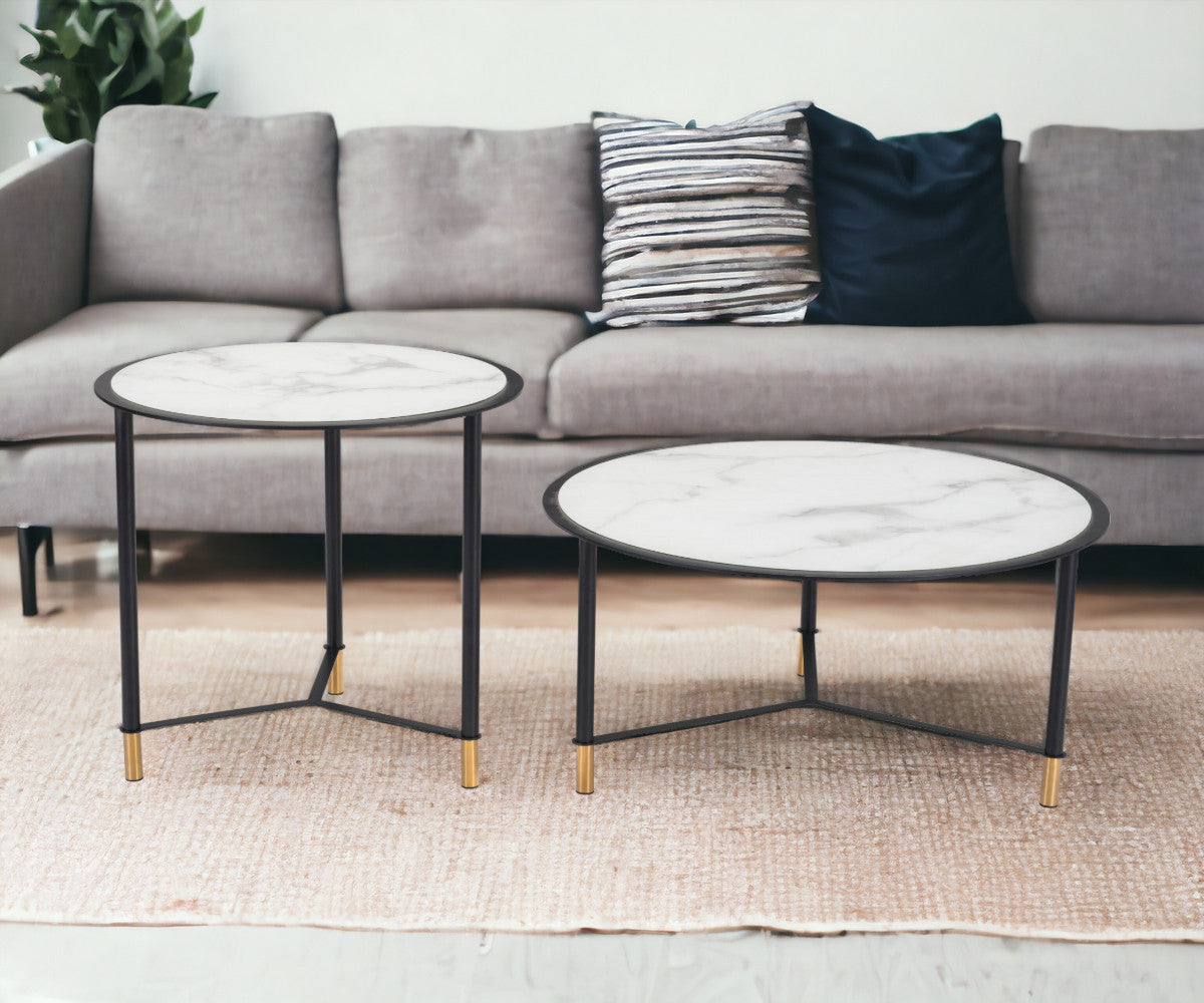 Set of Two 32" White And Black Glass Faux Marble And Steel Round Bunching Coffee Tables