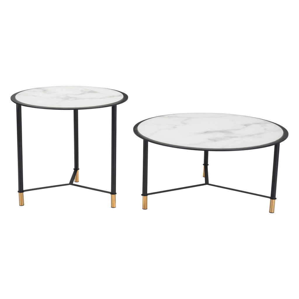 Set of Two 32" White And Black Glass Faux Marble And Steel Round Bunching Coffee Tables