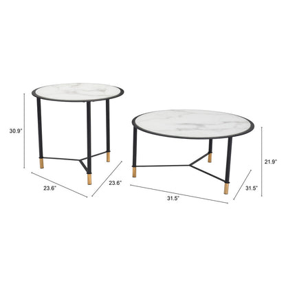 Set of Two 32" White And Black Glass Faux Marble And Steel Round Bunching Coffee Tables