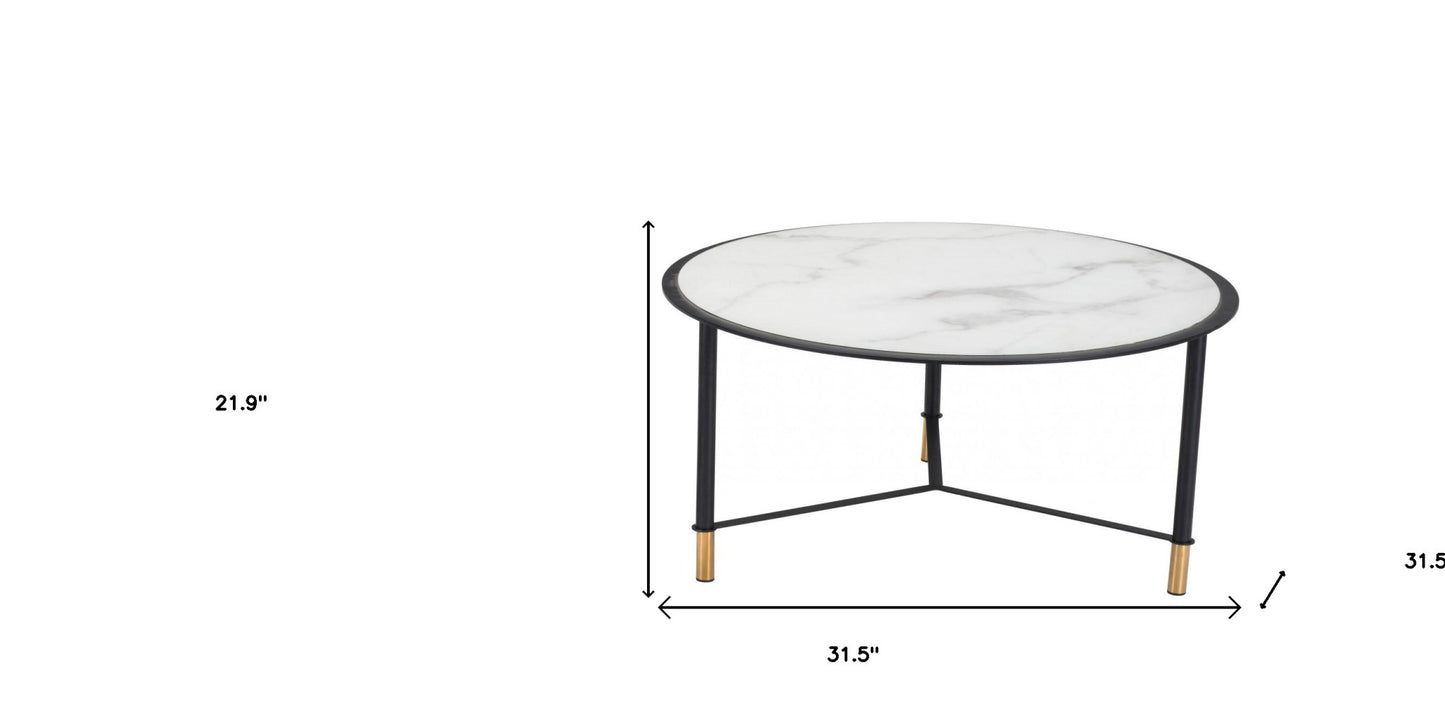 Set of Two 32" White And Black Glass Faux Marble And Steel Round Bunching Coffee Tables