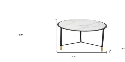 Set of Two 32" White And Black Glass Faux Marble And Steel Round Bunching Coffee Tables