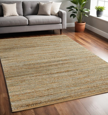 5' X 8' Teal and Natural Braided Jute Area Rug