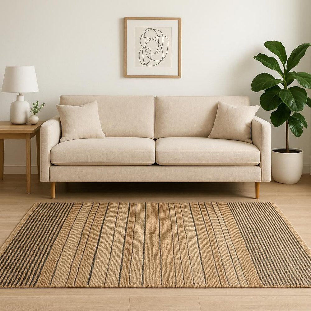 5' X 8' Tan And Black Jute Flatweave Handmade Area Rug