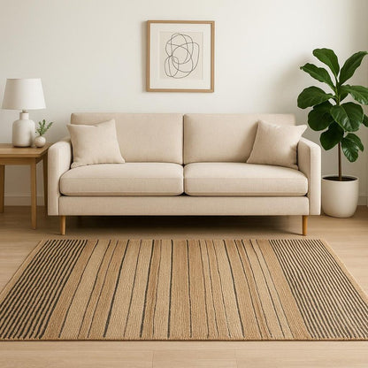 5' X 8' Tan And Black Jute Flatweave Handmade Area Rug