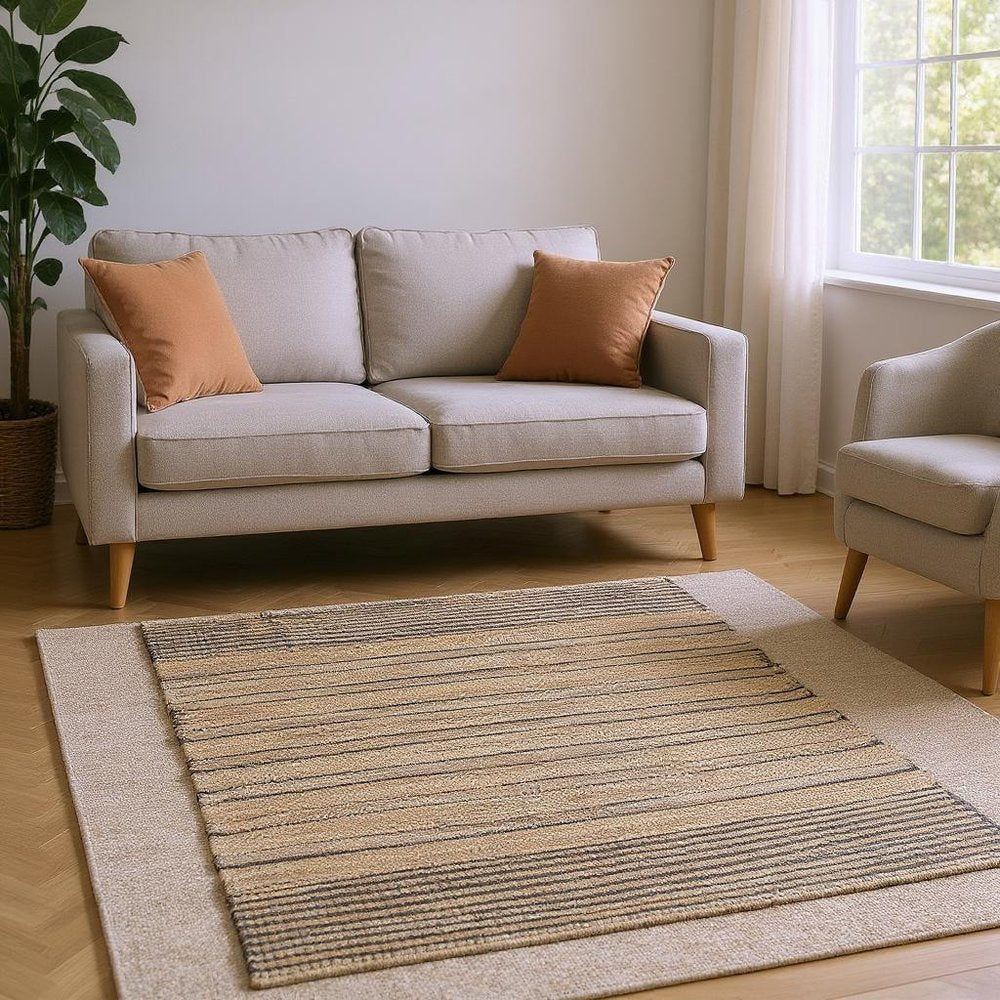 5' X 8' Tan And Black Jute Flatweave Handmade Area Rug