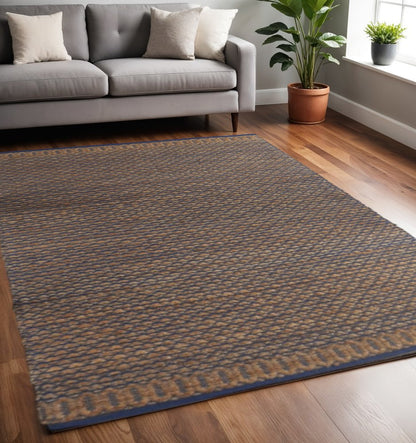 8' X 10' Tan and Blue Detailed Lattice Area Rug