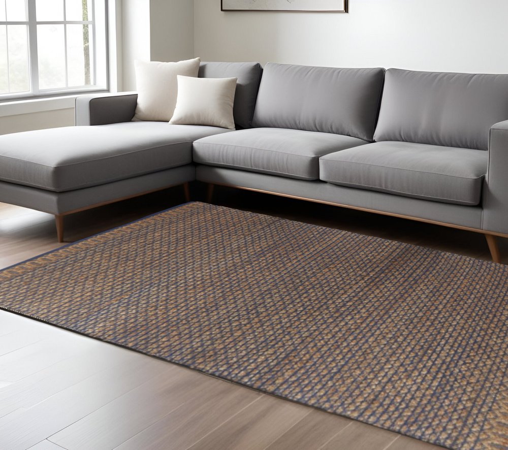 9' X 12' Tan and Blue Detailed Lattice Area Rug