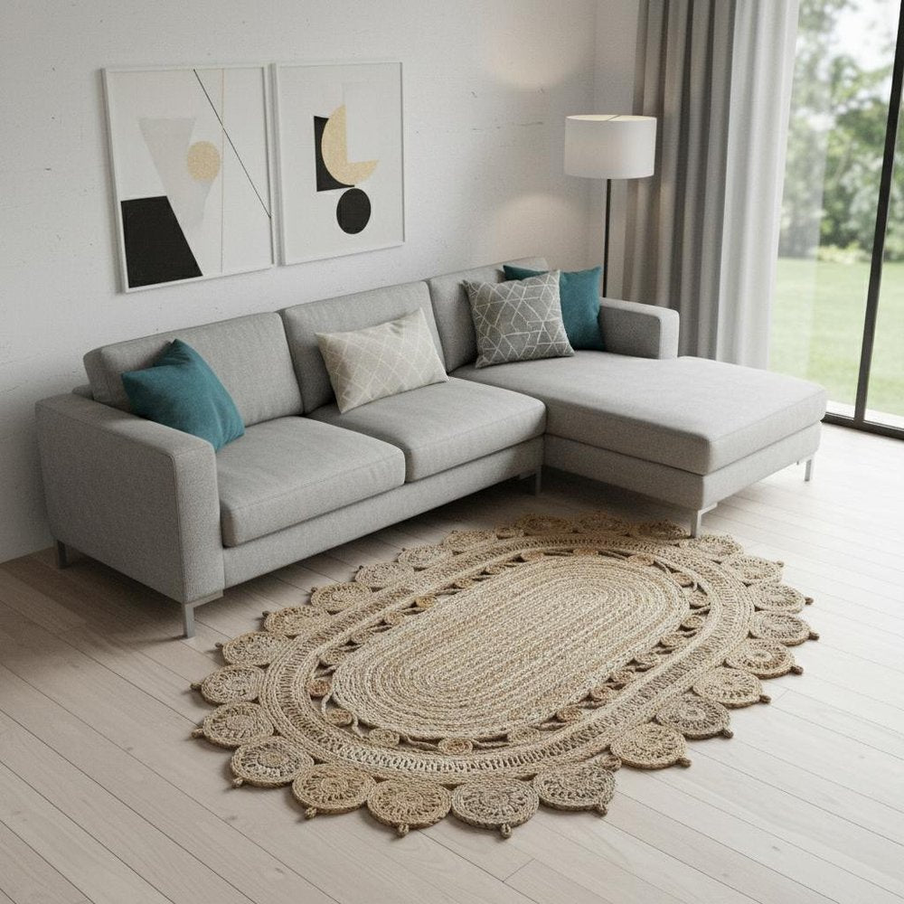7' X 9' Natural Jute Hand Braided Oval Rug