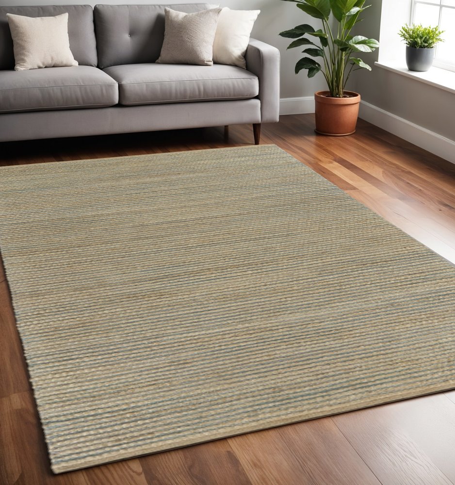 5' X 8' Tan and Blue Undertone Striated Area Rug