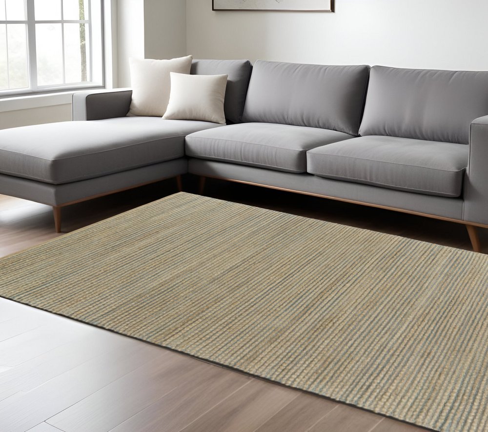 5' X 8' Tan and Blue Undertone Striated Area Rug