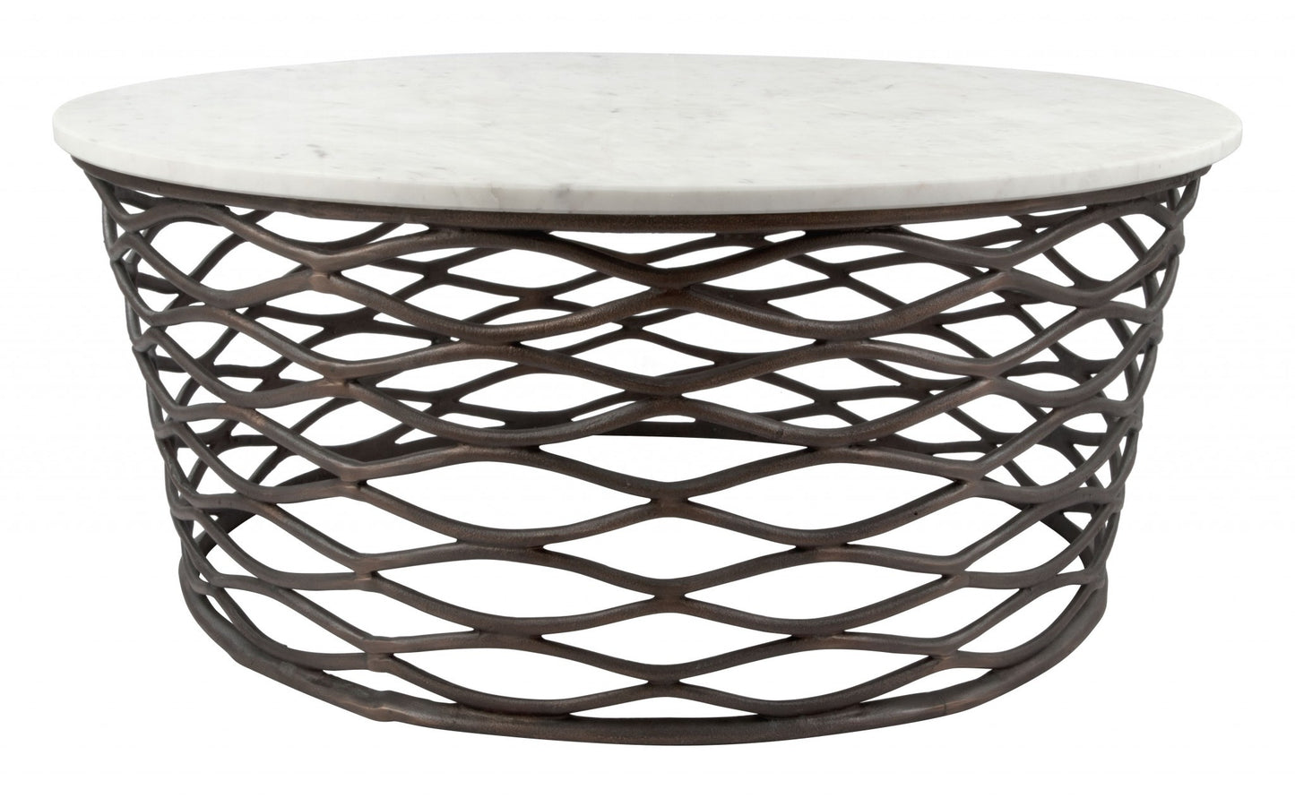 36" White And Antiqued Bronze Genuine Marble And Aluminum Round Coffee Table