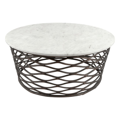 36" White And Antiqued Bronze Genuine Marble And Aluminum Round Coffee Table