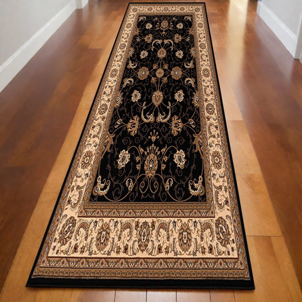 15' Black And Ivory Oriental Runner Rug