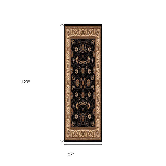 10' Black And Ivory Oriental Runner Rug