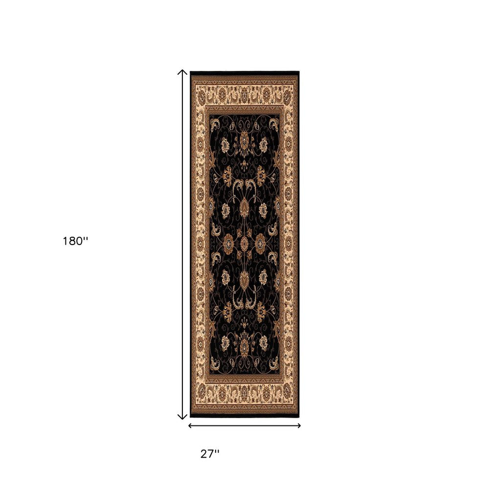 10' Black And Ivory Oriental Runner Rug