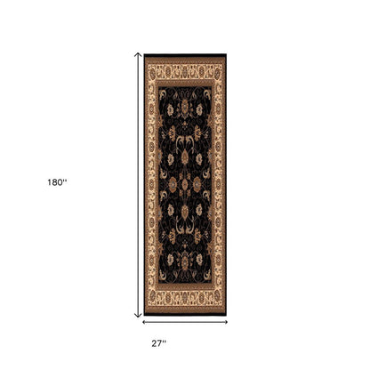 15' Black And Ivory Oriental Runner Rug