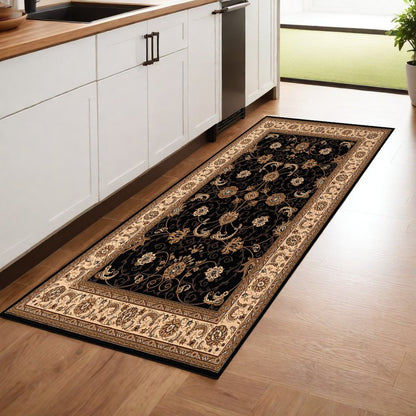 5' X 8' Black and Ivory Oriental Power Loom Area Rug