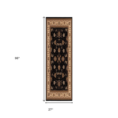 5' X 8' Black and Ivory Oriental Power Loom Area Rug