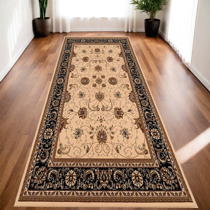 8' Black And Ivory Oriental Runner Rug
