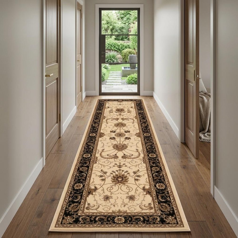 15' Black And Ivory Oriental Runner Rug