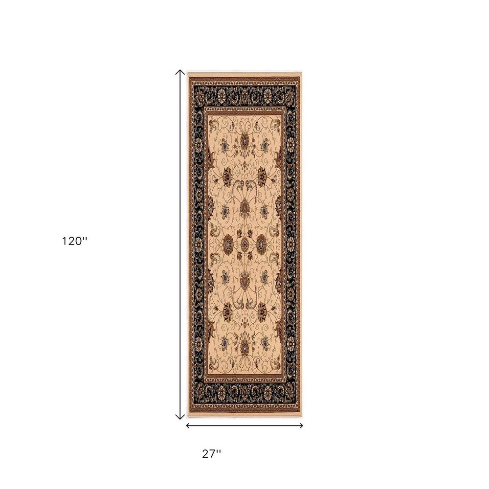 8' Black And Ivory Oriental Runner Rug