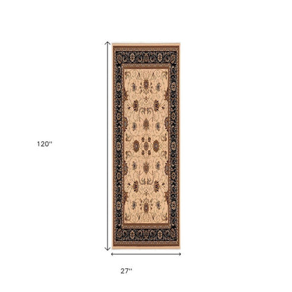 8' Black And Ivory Oriental Runner Rug