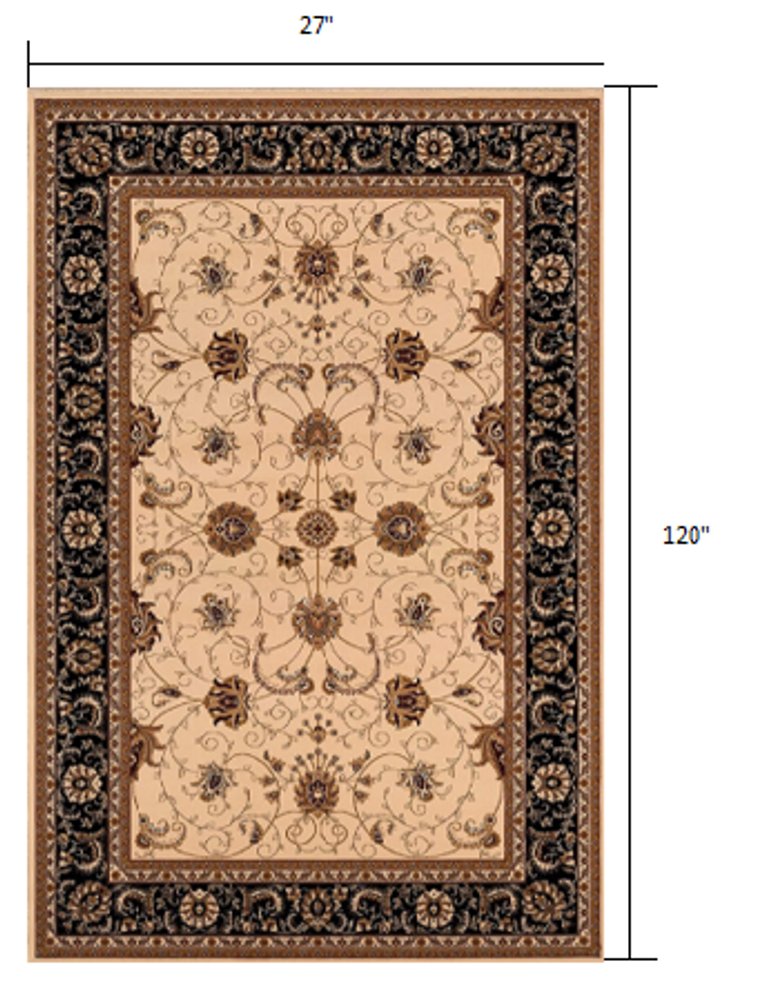 8' Black And Ivory Oriental Runner Rug