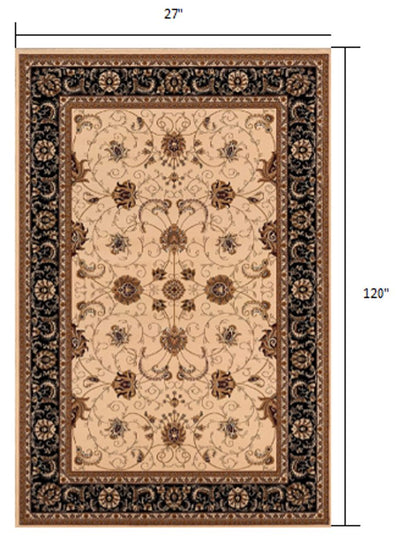 8' Black And Ivory Oriental Runner Rug