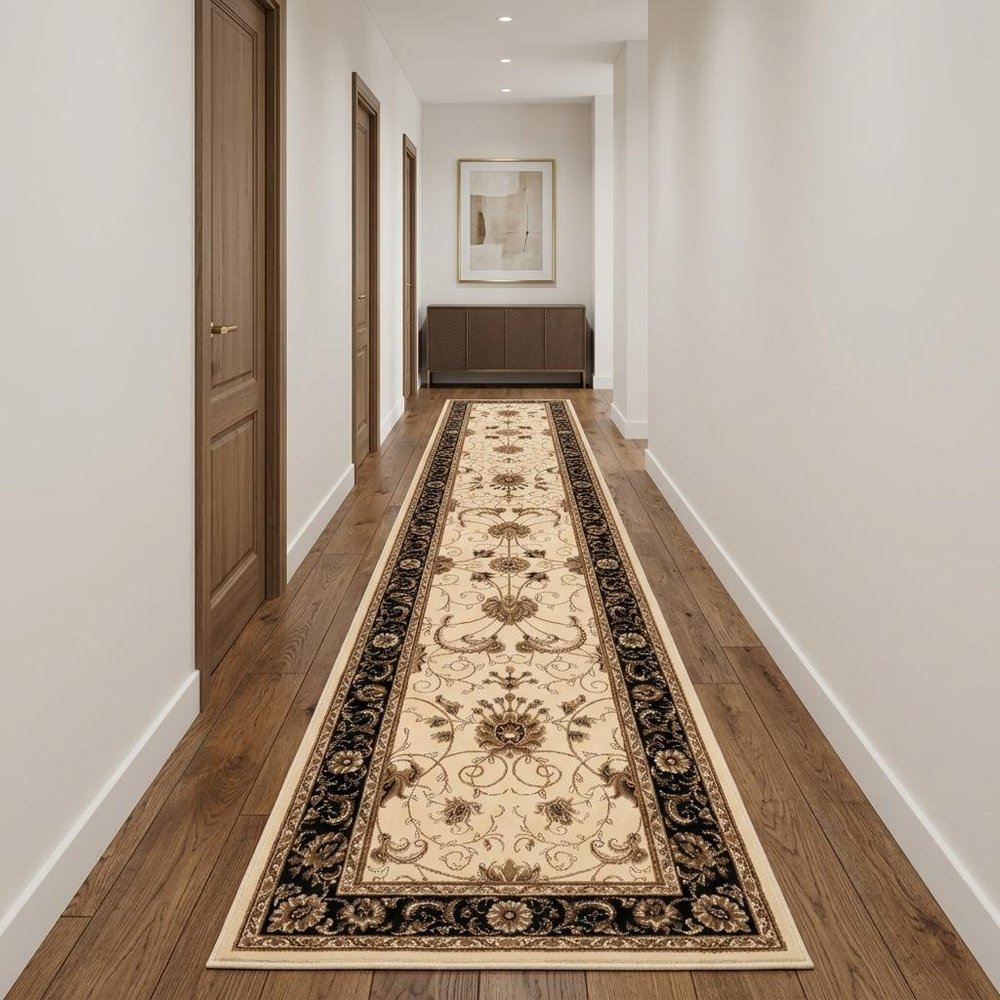15' Black And Ivory Oriental Runner Rug