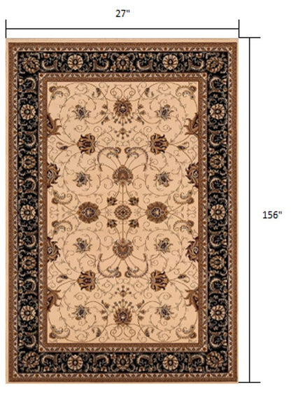 8' Black And Ivory Oriental Runner Rug