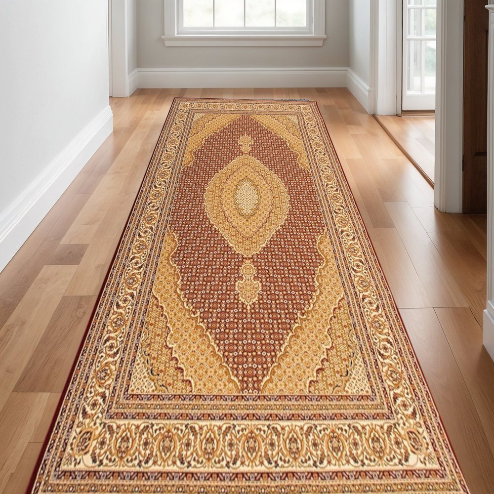 10' Red And Beige Oriental Runner Rug