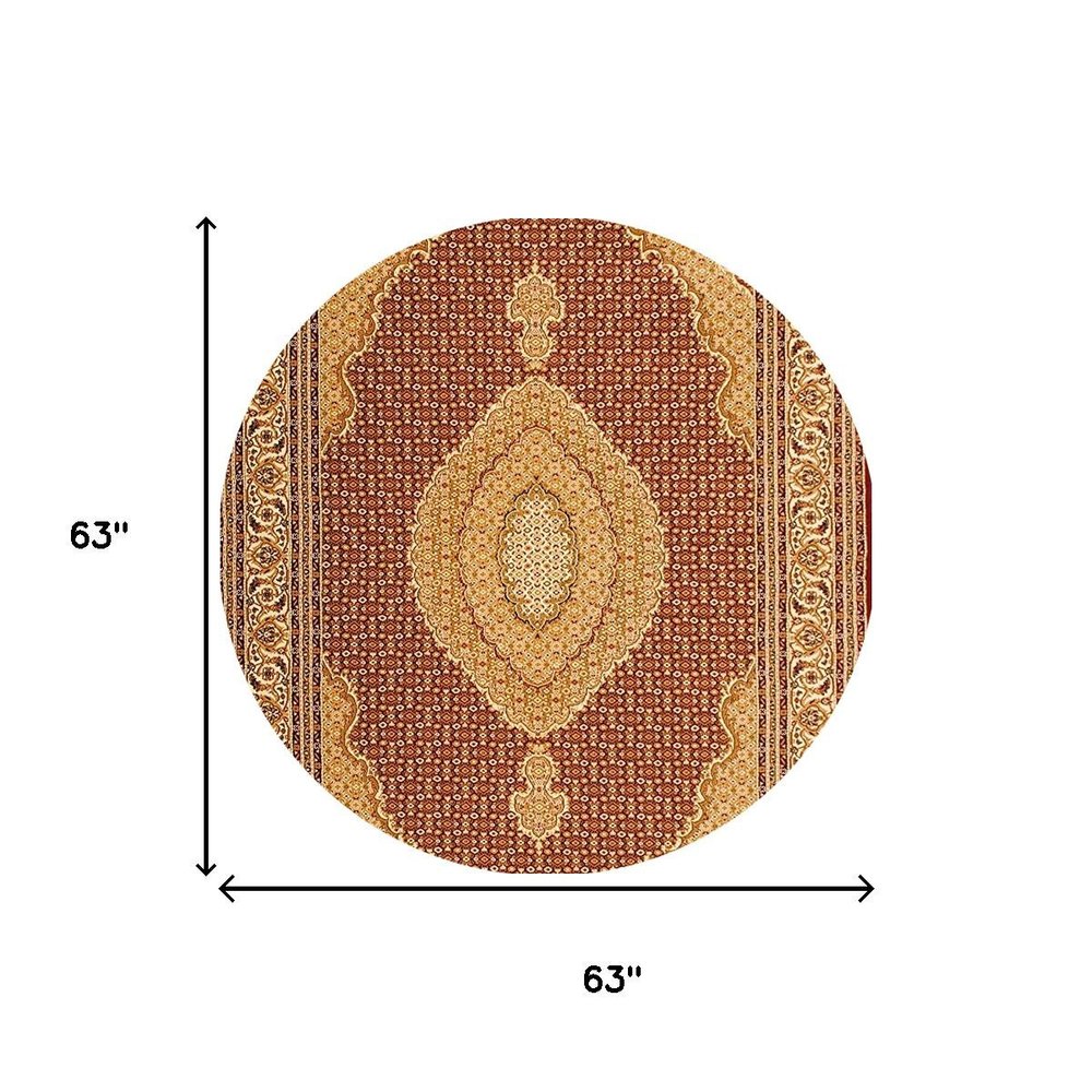 5' Red Round Oriental Power Loom Area Rug