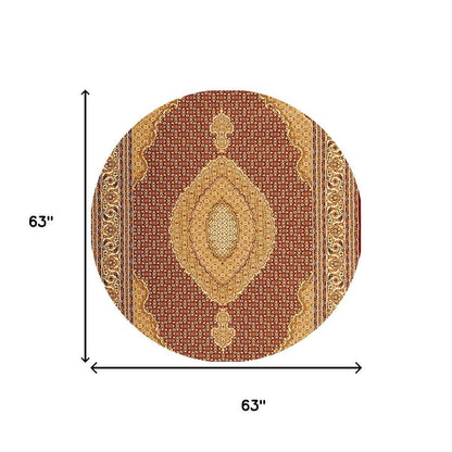 5' Red Round Oriental Power Loom Area Rug