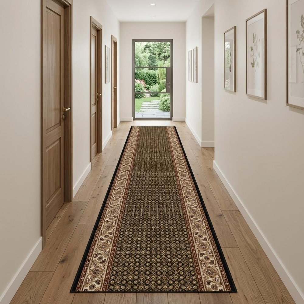 10' Beige And Black Medallion Runner Rug