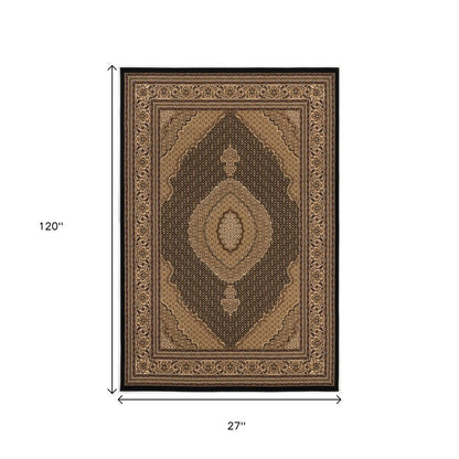 10' Beige And Black Medallion Runner Rug