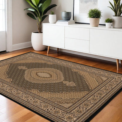 7' X 9' Beige and Black Medallion Power Loom Area Rug