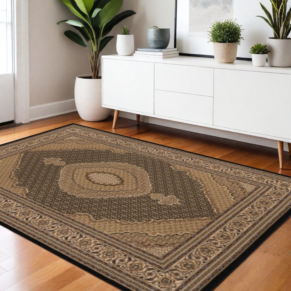 7' X 9' Beige and Black Medallion Power Loom Area Rug