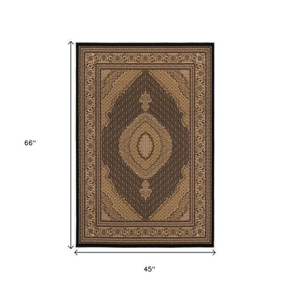 4' X 6' Beige and Black Medallion Power Loom Area Rug