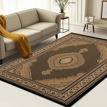 7' X 9' Beige and Black Medallion Power Loom Area Rug