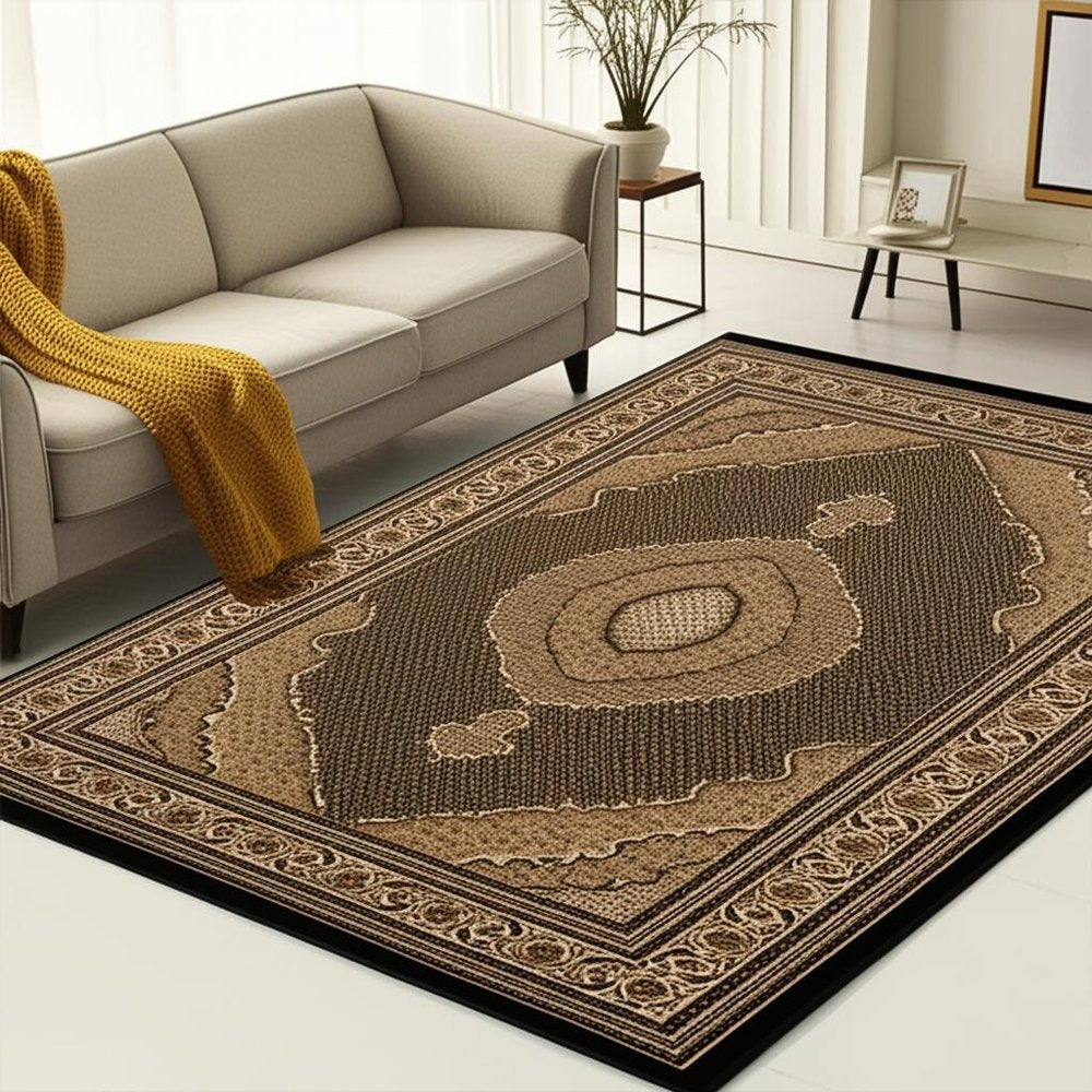 7' X 9' Beige and Black Medallion Power Loom Area Rug