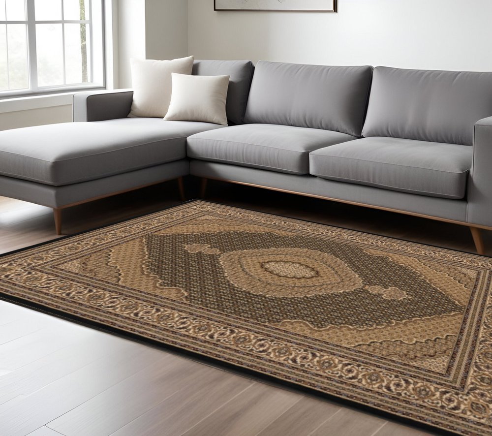 7' X 9' Beige and Black Medallion Power Loom Area Rug